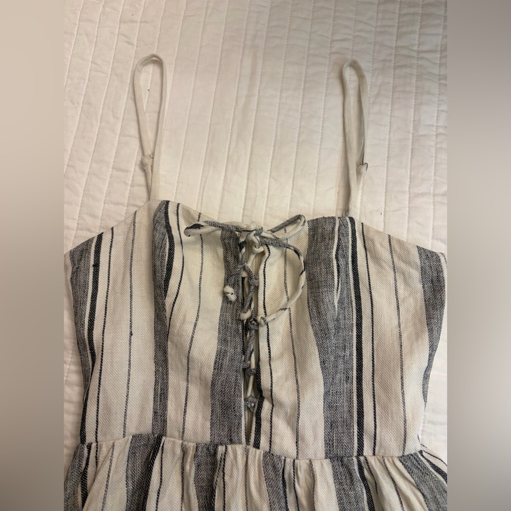Reformation Ellen White Gray Striped Fit N Flare Linen Midi Dress - Picture 8 of 10
